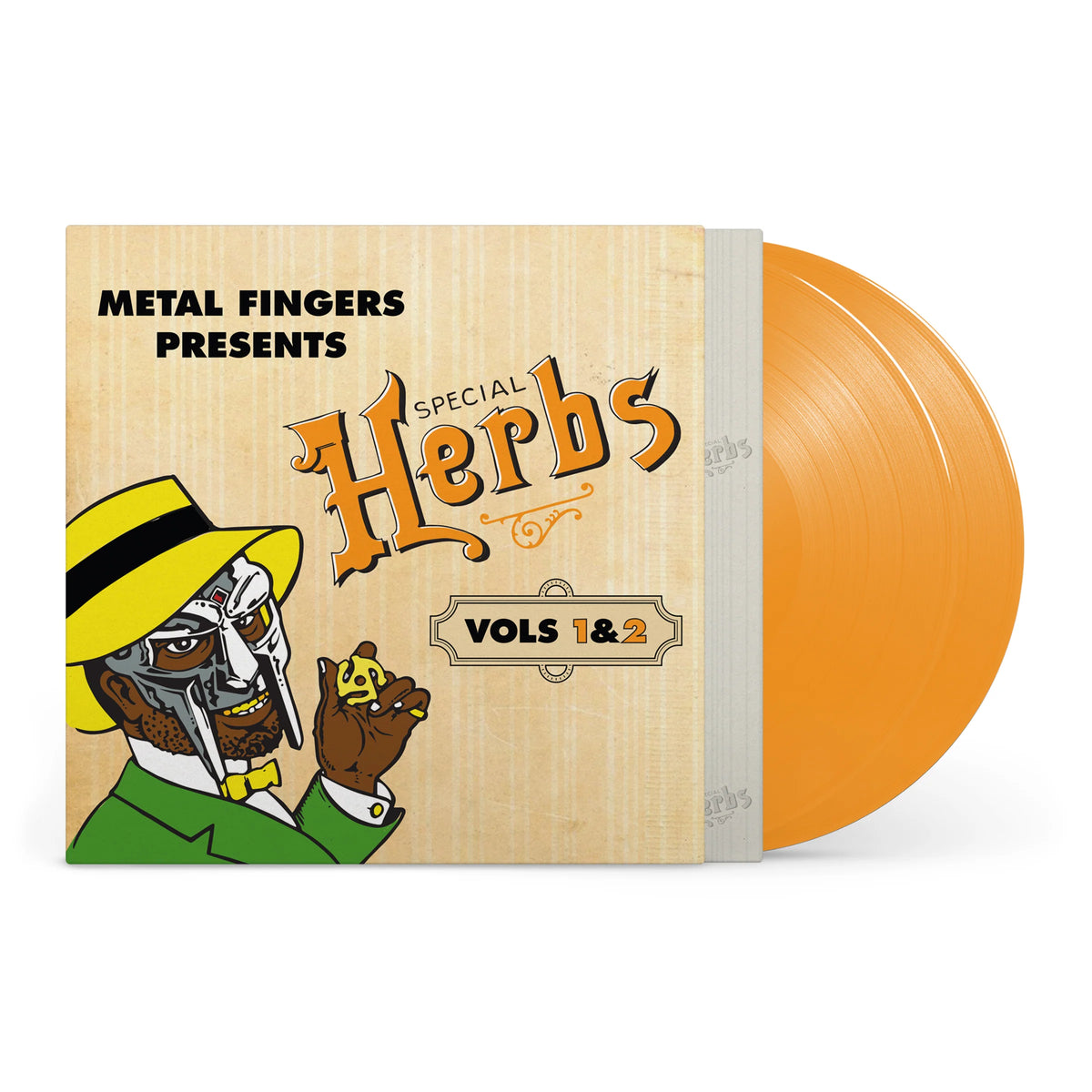 MF DOOM - SPECIAL HERBS VOL. 1 & 2(CUSTOM DIE CUT JACKET W. ROLLING PAPER INSERT & PRINTED RECORD SLEEVES. PRESSED ON MUSTARD YELLOW DOUBLE VINYL)
